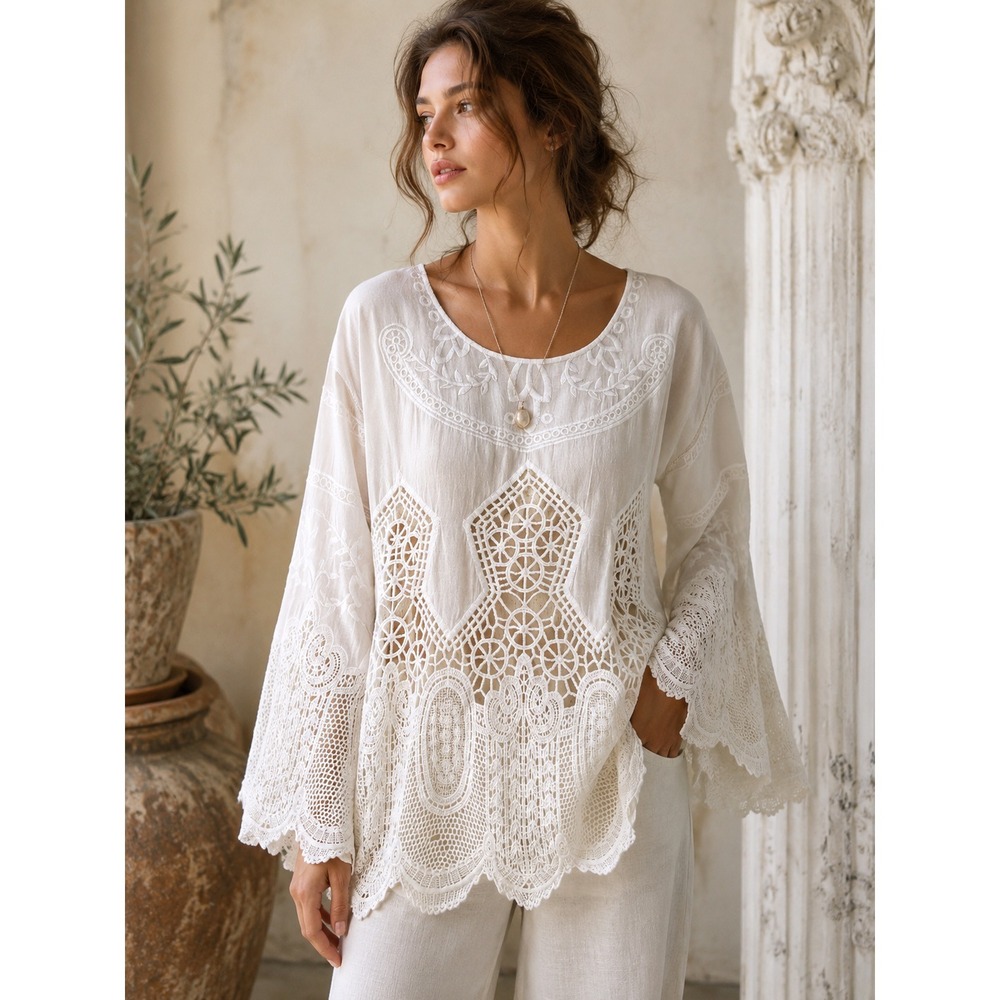 Crochet White Lace Romantic Boho Beach Cottagecore Cotton Tunic Top L